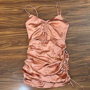 Zara Ruched Satin Slip Dress in Rust